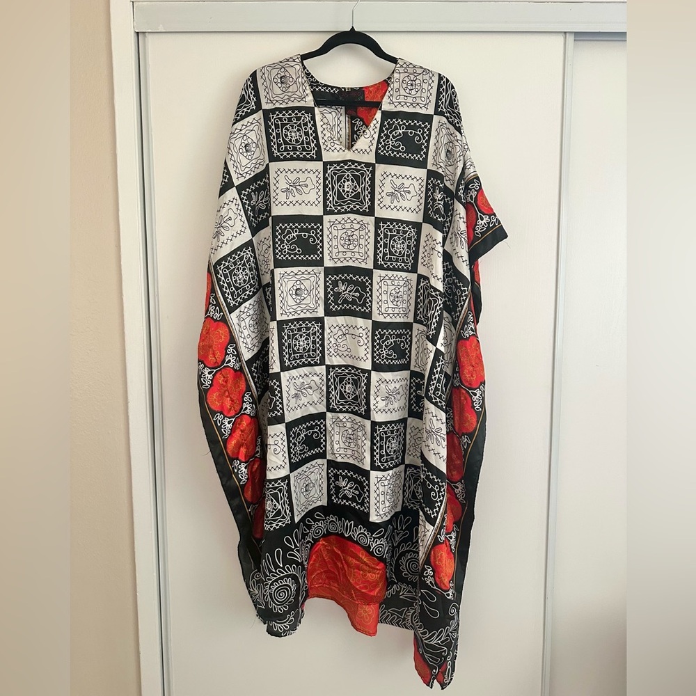 Ashro Satin V-Neck Black and Silver Kaftan with Red Accents